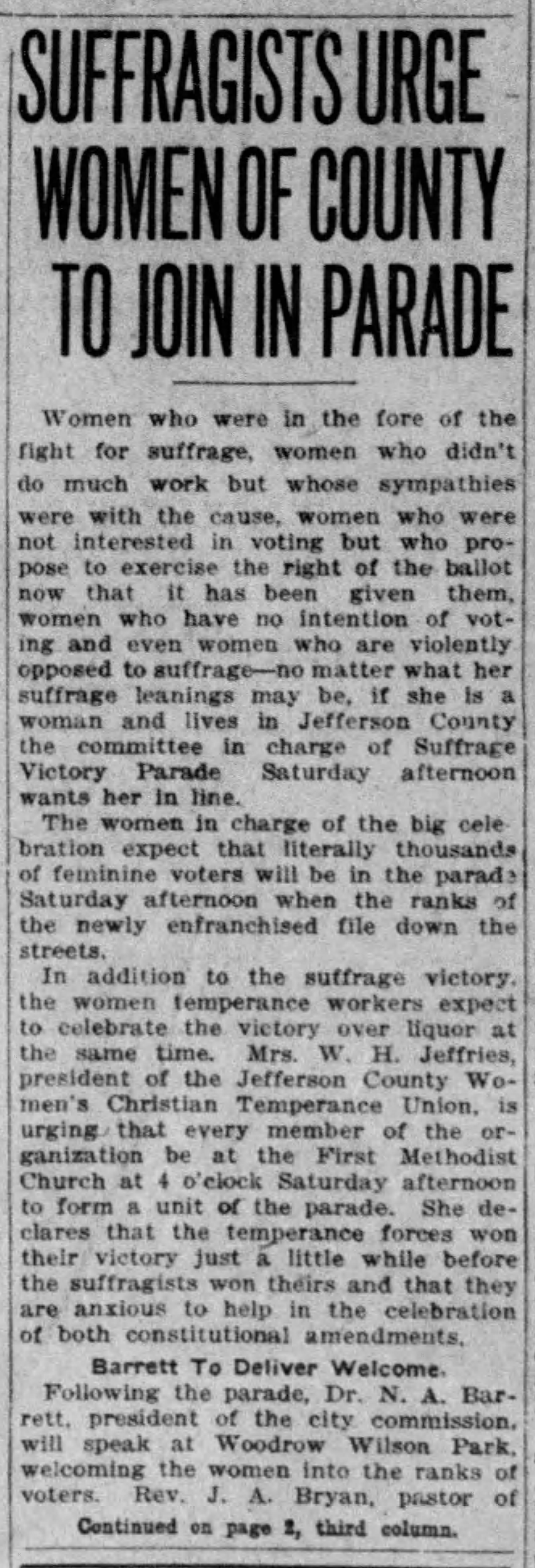 Suffragists Urge Women of County To Join in Parade